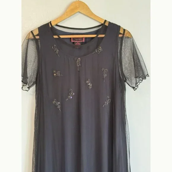 April Cornell Women’s Medium Blue Beaded Mesh Maxi Dress Luxury Holiday Evening - Picture 5 of 8